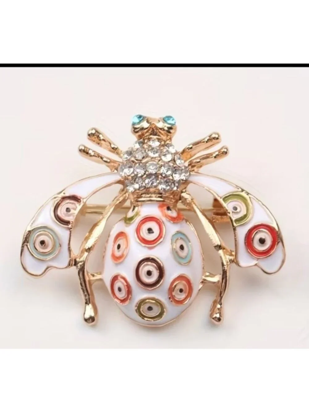 Rhinestone & Enamel Ladybug Brooch  Gold-Toned With Multicolor Circle Design
